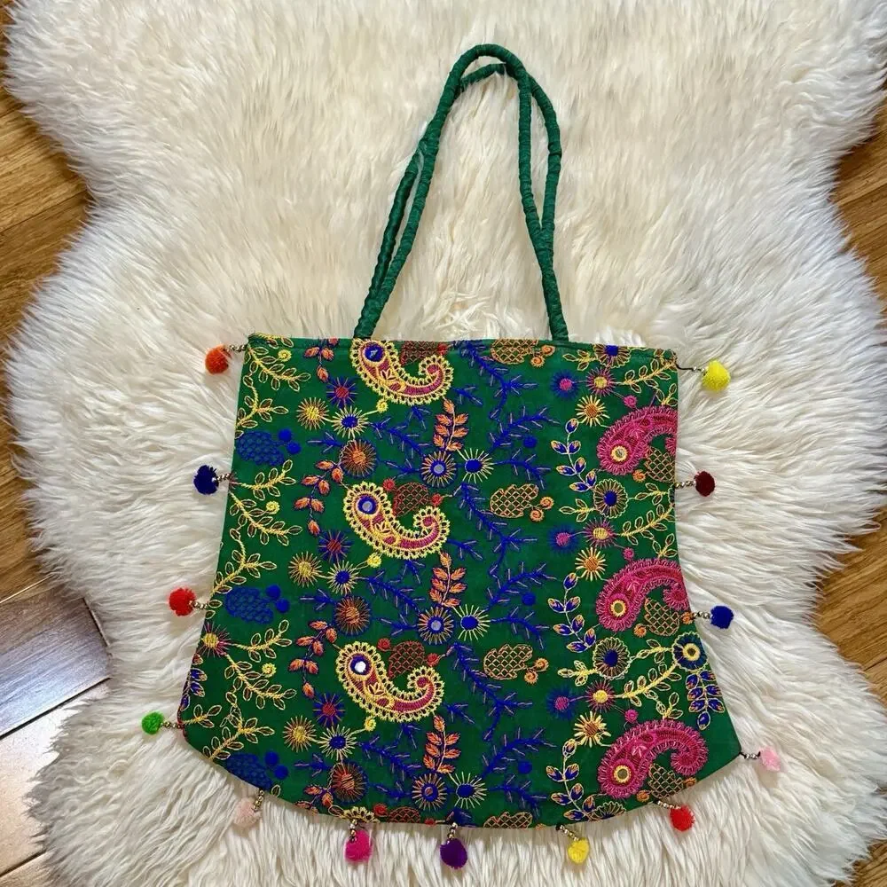 Artisan Boho Colorful Embroidered Silk Felted Floral Paisley Tote Shopping Bag